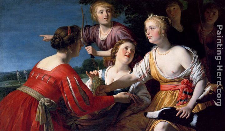 Diana Resting After The Hunt, With Shepherdesses And Two Greyhounds, A Landscape Beyond painting - Gerrit van Honthorst Diana Resting After The Hunt, With Shepherdesses And Two Greyhounds, A Landscape Beyond art painting